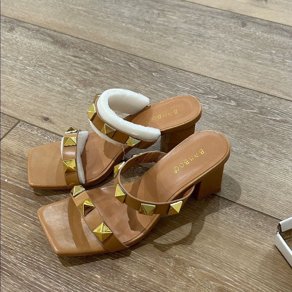 BAMBOO Tan Block Heel Sandals with Gold Accents